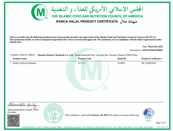 Cina Zhuzhou Hansen Chemicals Co.,Ltd Sertifikasi