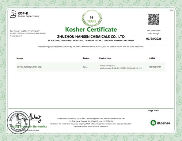 Cina Zhuzhou Hansen Chemicals Co.,Ltd Sertifikasi